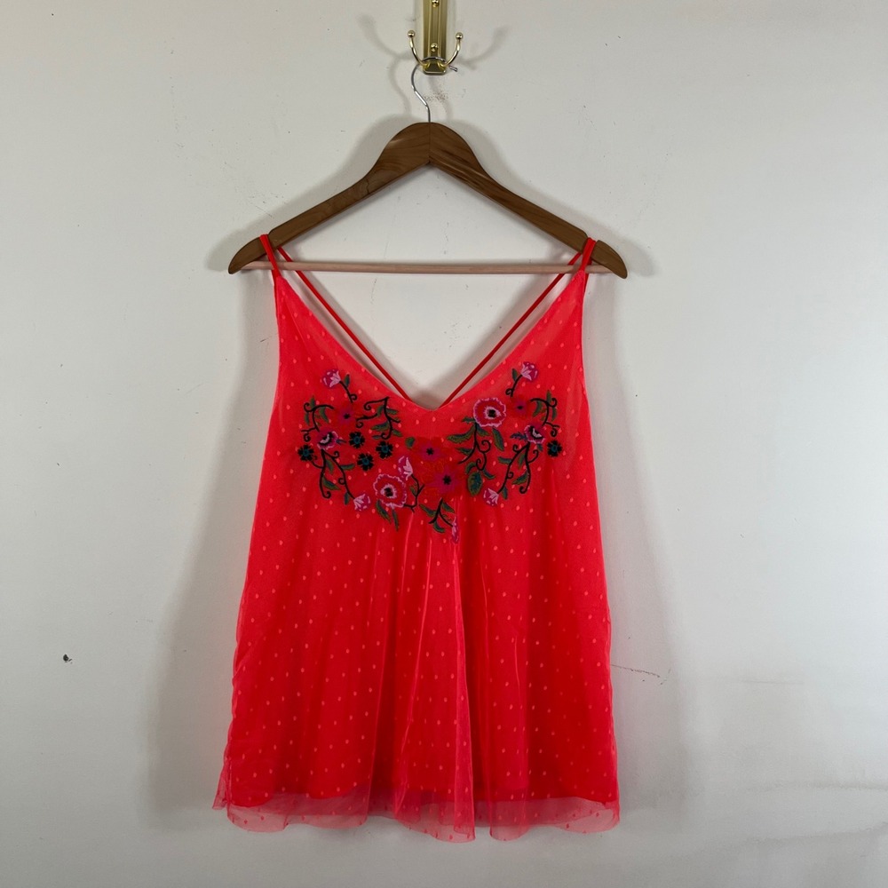 Umgee Floral Embroidered Hot Pink Tank Top Sheer Overlay Womens Medium Neon